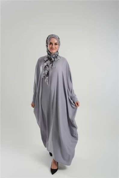 Gri Yarasa Kol Oversize Medine İpeği Arkası Düğmeli Düz Elbise 4001_15 ürün görseli 1