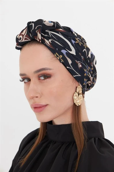 Siyah Pratik Hazır Geçmeli Tesettür Bone Kesik Elyaf Retro Desenli 2409_01 ürün görseli 1