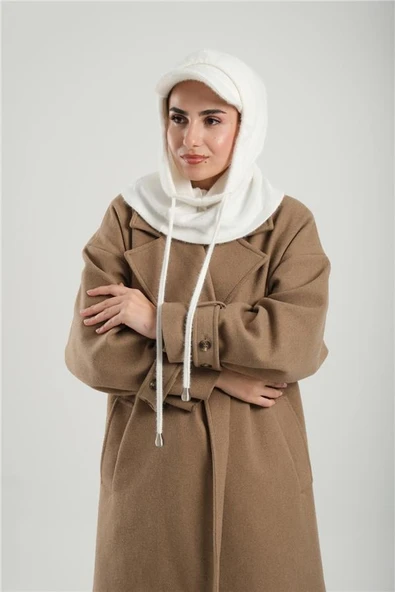 Krem Bağcıklı Peluş Salaş Şapkalı Balaklava Boyunluklu Bere Jakar Düz 2332_40 ürün görseli 1