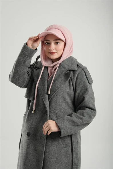 Pudra Bağcıklı Peluş Salaş Şapkalı Balaklava Boyunluklu Bere Jakar Düz 2332_06 ürün görseli 1