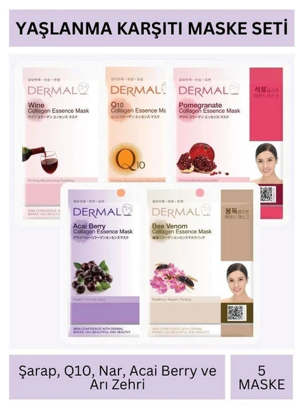 Dermal Yaşlanma Karşıtı Şarap Q10 Nar Acai Berry ve Arı Zehri Özlü Maske Seti 23gr x 5Adet ürün görseli 1