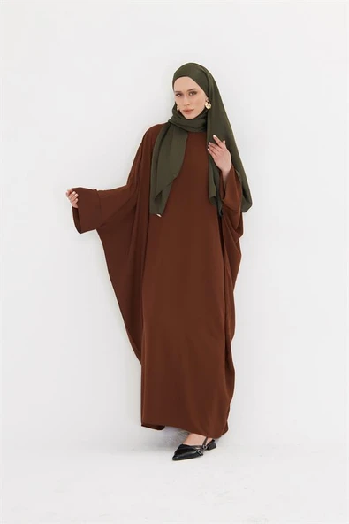 Açık Kahve Yarasa Kol Oversize Medine İpeği Arkası Düğmeli Düz Elbise 4001_47 ürün görseli 1