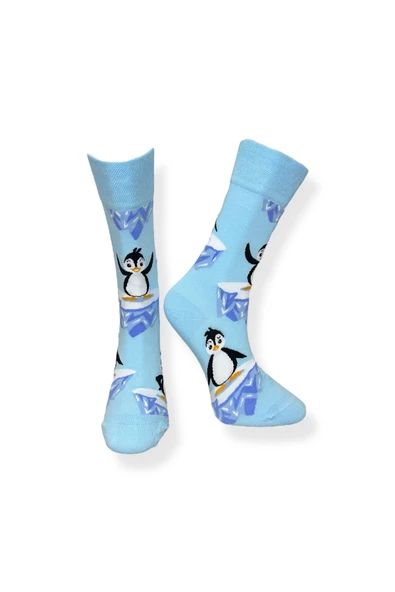 Tekli Unisex Penguen Desenli Mavi Renkli Esnek Nem Alabilen Pamuklu Çorap ürün görseli 1