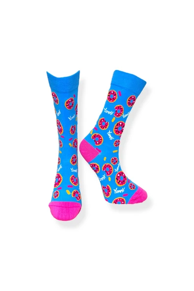 Tekli Unisex Donut Desenli Mavi Renkli Esnek Nem Alabilen Pamuklu Çorap ürün görseli 1