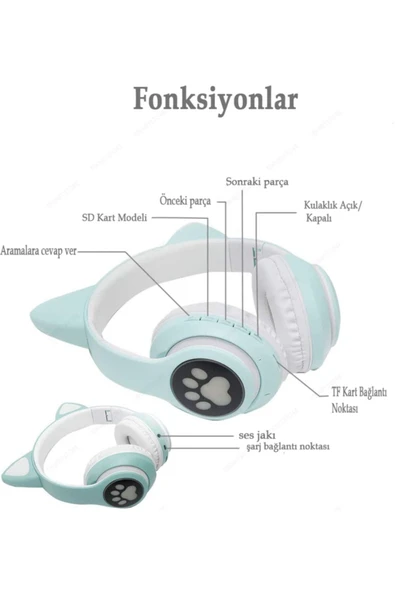 Kablosuz Kedi Kulaklık Işıklı Kulaküstü Mikrofonlu Bluetooth Hafıza Kartı Girişli Çocuk Kulaklığı  Pembe ürün görseli 1