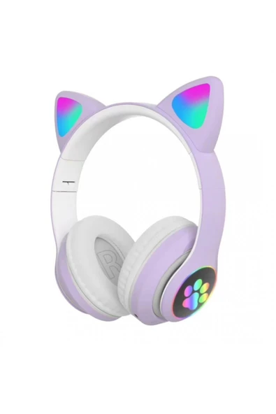 Kablosuz Kedi Kulaklık Işıklı Kulaküstü Mikrofonlu Bluetooth Hafıza Kartı Girişli Çocuk Kulaklığı  Lila ürün görseli 1