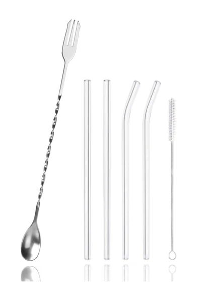 ABOOWE Burgulu Çatallı Bar Kaşığı 33 cm Kokteyl Karıştırma Kaşığı & Cam Pipet Seti ürün görseli 1