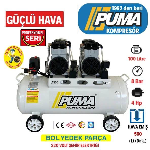 PUMA SESSİZ YAĞSIZ PİSTONLU KOMPRESÖR - 100 Lt - 4 HP - 8 Bar ürün görseli 1
