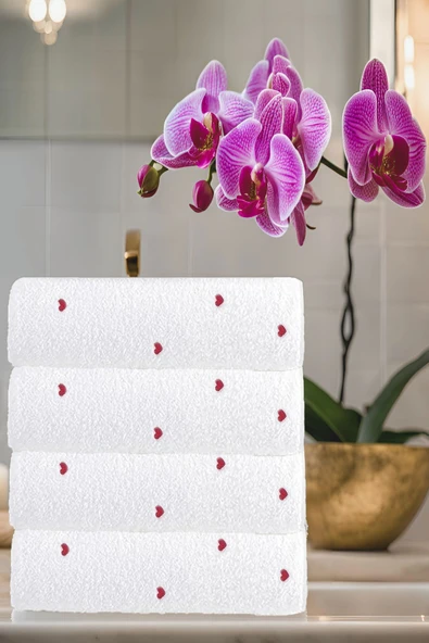 4'lü Kalp Nakışlı %100 Pamuklu El Yüz Havlu Seti 50x90 cm ürün görseli 1