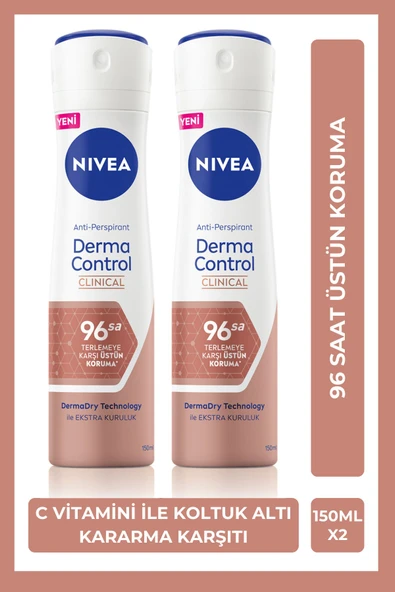 NIVEA Kadın Sprey Deodorant Derma Control Clinical 150ml, 96 Saat Üstün Ter Koruması, C Vitamini, X2 Adet ürün görseli 1