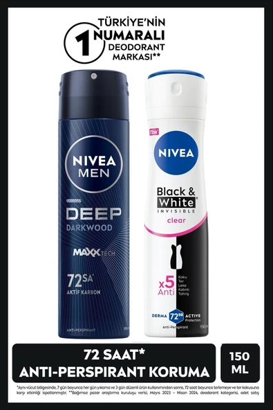 NIVEA MEN Erkek Sprey Deodorant Deep Dimension 150ml ve Kadın Sprey Deodorant Black&White Invisible Clear ürün görseli 1