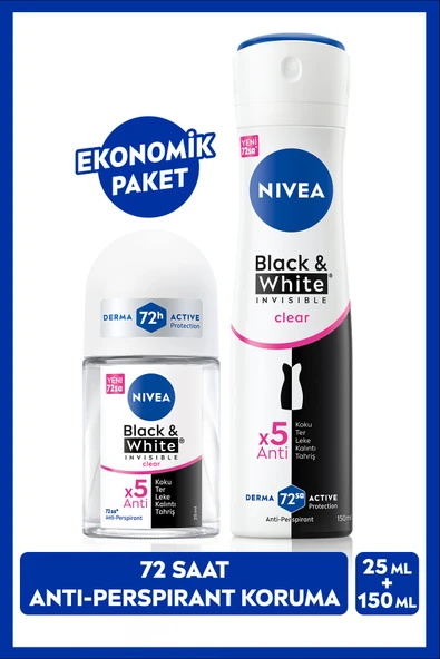 NIVEA Kadın Sprey Deodorant Black&White Clear 150ml Ve Mini Roll-on 25ml, 72 Saat Anti-perspirant Koruma ürün görseli 1