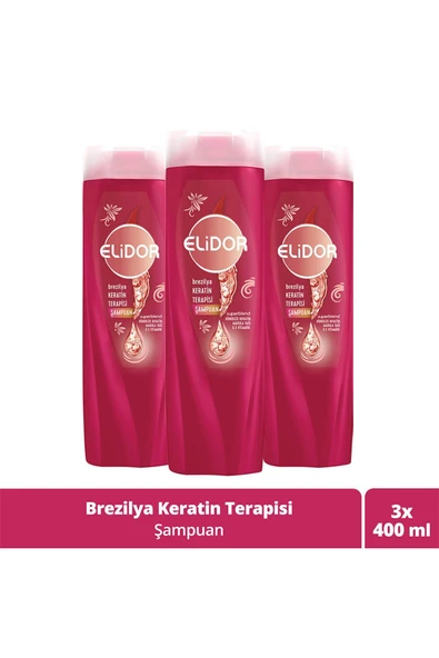 ELİDOR Şampuan Brezilya Keratin Terapisi Hidrolize Keratin Marula Yağı E Vitamini 400 ml X3 ürün görseli 1