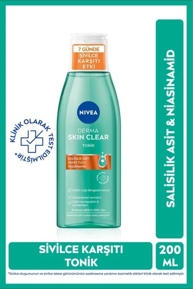 NIVEA Derma Skin Clear Sivilce Karşıtı Tonik 200ml,Salisilik Asit,Niasinamid,Deniz Tuzu,Gözenek Arındırıcı ürün görseli 1