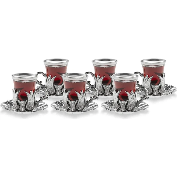 Hanedan 6 Kişilik 18 Parça Gümüş Renk Çay Bardağı Sunum Seti ürün görseli 1