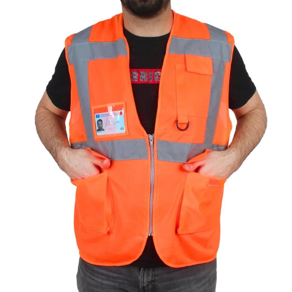 Mühendis Tipi İkaz Yeleği Cepli Fosforlu Turuncu Güvenlik Yelek ürün görseli 1