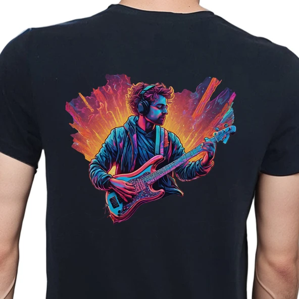 Neon Guitar T-shirt %100 Pamuklu Siyah Penye Basic Erkek Tişört ürün görseli 1