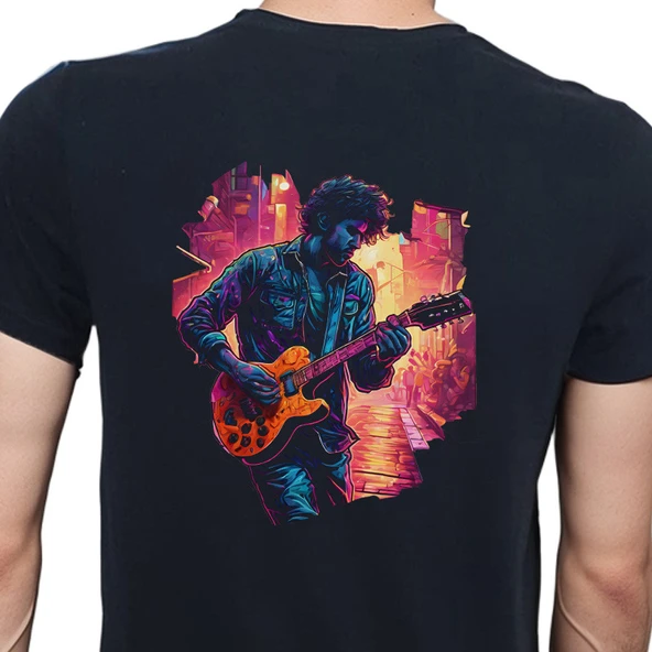 Neon Guitar T-shirt %100 Pamuklu Siyah Penye Basic Erkek Tişört ürün görseli 1