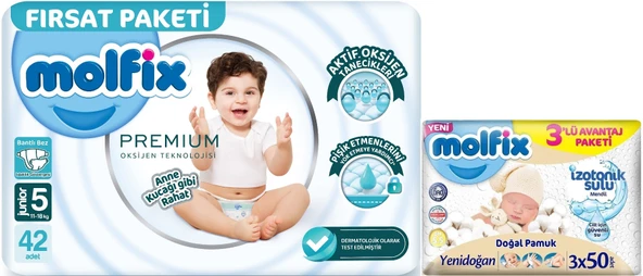 Molfix Premium Bebek Bezi 5 Beden 11-18 KG Junior 42 Adet Fırsat Pk + 3 Adet Islak Mendil ürün görseli 1