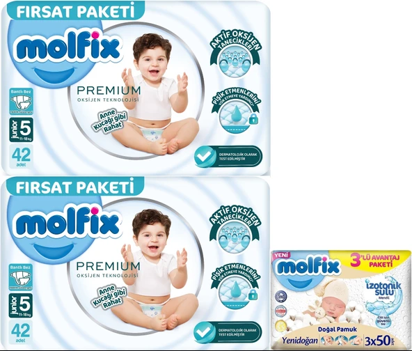 Molfix Premium Bebek Bezi Beden:5 (11-18KG) Junior 84 Adet Fırsat Pk + 3 Adet Islak Mendil ürün görseli 1