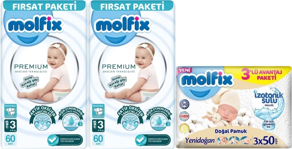 Molfix Premium Bebek Bezi Beden:3 (4-9KG) Midi 120 Adet Fırsat Pk + 3 Adet Islak Mendil ürün görseli 1