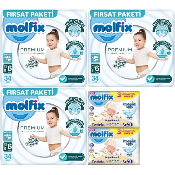 Molfix Premium Bebek Bezi Beden:6 (15+KG) Extra Large 102 Adet Fırsat Pk + 6 Adet Islak Mendil ürün görseli 1