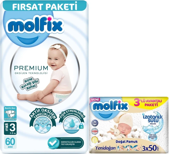 Molfix Premium Bebek Bezi Beden:3 (4-9KG) Midi 60 Adet Fırsat Pk + 3 Adet Islak Mendil ürün görseli 1