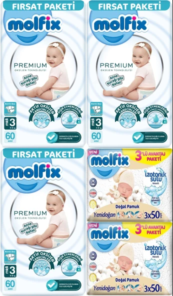 Molfix Premium Bebek Bezi Beden:3 (4-9KG) Midi 180 Adet Fırsat Pk + 6 Adet Islak Mendil ürün görseli 1