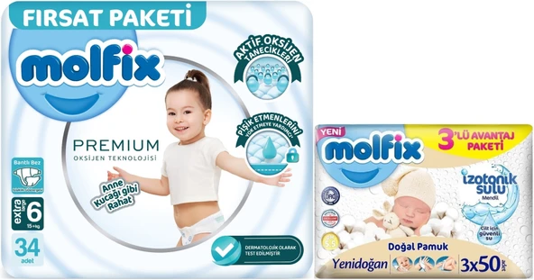 Molfix Premium Bebek Bezi Beden:6 (15+KG) Extra Large 34 Adet Fırsat Pk + 3 Adet Islak Mendil ürün görseli 1