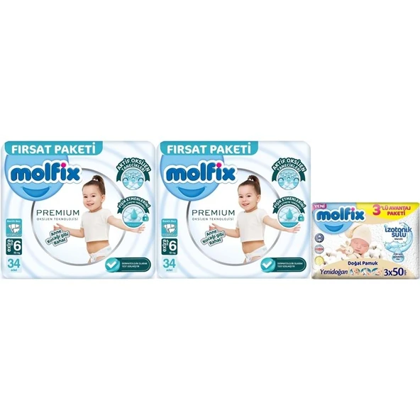 Molfix Premium Bebek Bezi Beden:6 (15+KG) Extra Large 68 Adet Fırsat Pk + 3 Adet Islak Mendil ürün görseli 1
