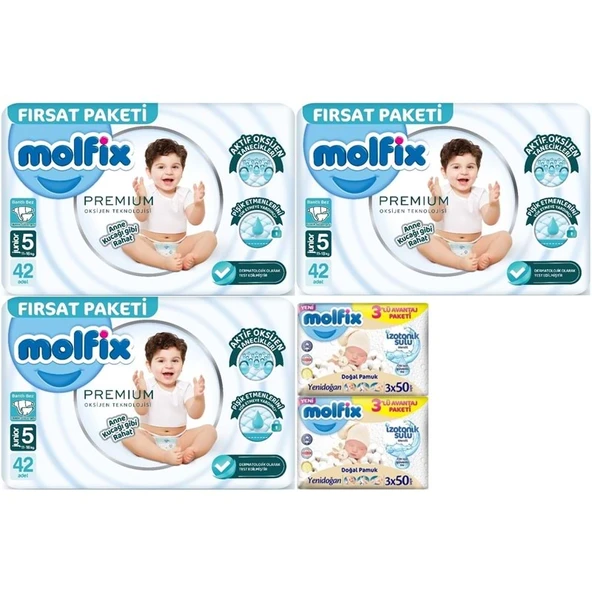 Molfix Premium Bebek Bezi Beden:5 (11-18KG) Junior 126 Adet Fırsat Pk + 6 Adet Islak Mendil ürün görseli 1
