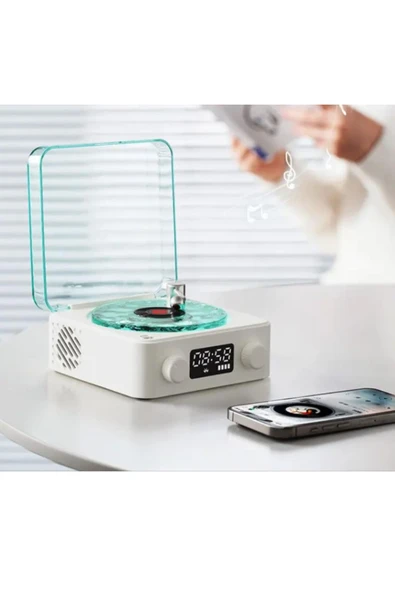 Mini Nostalji Plak Görünüm Dekor Waves Bluetooth Işıklı Müzik Çalar Alarm Saat TF Kart Aux Özellikli ürün görseli 1