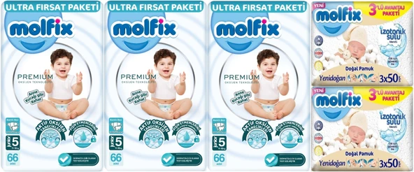Molfix Premium Bebek Bezi Beden:5 (11-18KG) Junior 198 Adet Ultra Fırsat Pk + 6 Adet Islak Mendil ürün görseli 1