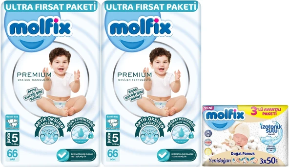 Molfix Premium Bebek Bezi Beden:5 (11-18KG) Junior 132 Adet Ultra Fırsat Pk + 3 Adet Islak Mendil ürün görseli 1