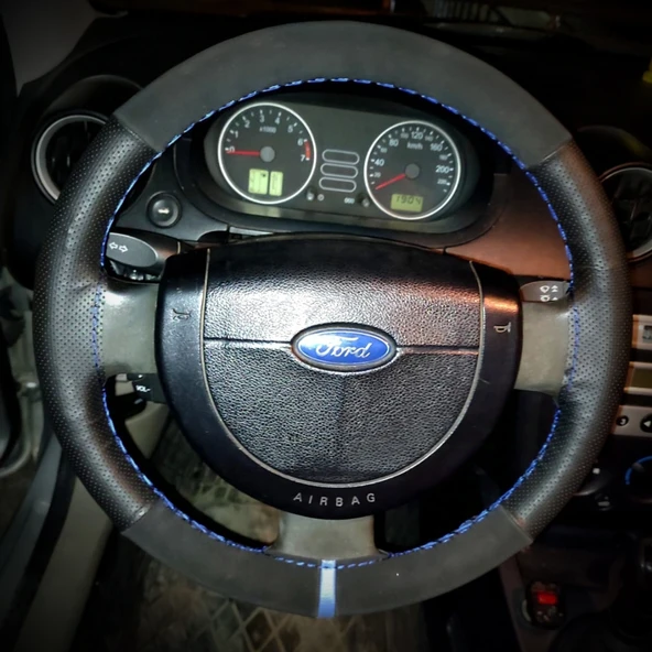 DİKİŞLİ DİREKSİYON KILIFI NUBUK DERİ NOKTALI DERİ MAVİ YÜZÜK / DİKİŞ FORD CONNECT İÇİN ürün görseli 1