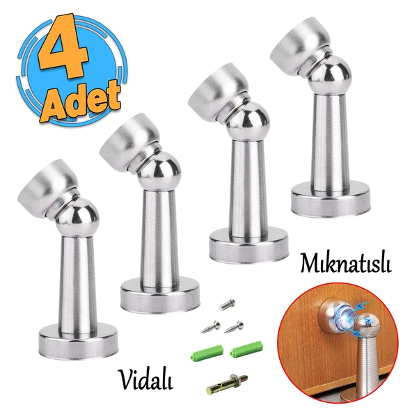 Mıknatıslı Ayaklı Metal Kapı Tutucu Çarpma Önleyici Durdurucu Stoper Vidalı Tampon Krom 4 Adet ürün görseli 1