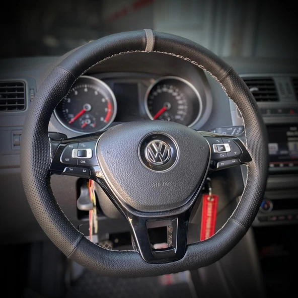 DİKİŞLİ DİREKSİYON KILIFI İTHAL SİYAH DERİ NOKTALI DERİ GRİ YÜZÜK GRİ DİKİŞLİ VW POLO İÇİN ürün görseli 1