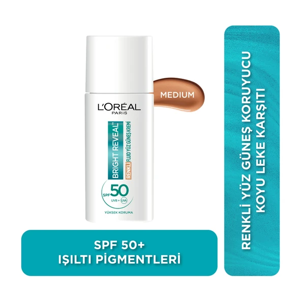 L'Oréal Paris Bright Reveal Spf 50+ Koyu Leke Karşıtı Renkli Fluid Günlük Yüz Güneş Kremi 50 ml - Medium ürün görseli 1
