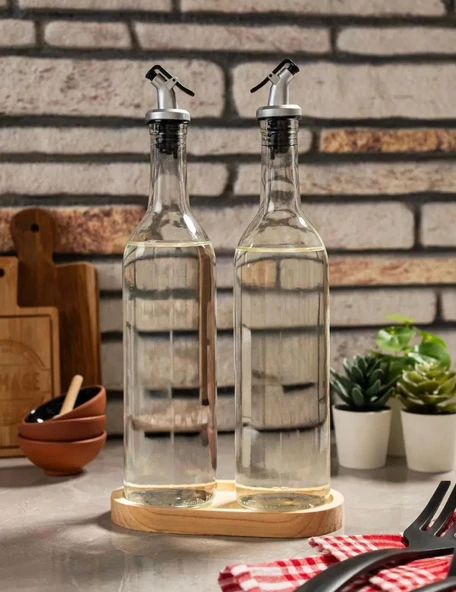 2'li Ahşap Stantlı Damlatmaz Zeytinyağı Sıvıyağ Şişesi Cam Yağdanlık Seti 750ml ürün görseli 1