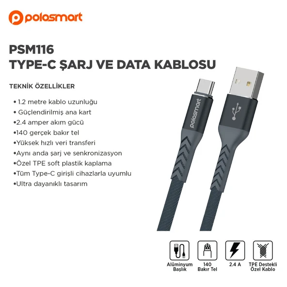Polosmart PSM116 TYPE-C Şarj Ve Data Kablosu - Resim 2