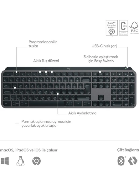 Logitech MX Keys S 920-011594 Bluetooth ve Wireless Kablosuz Klavye - Resim 2