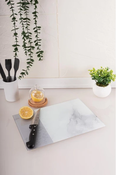 Flora Cam Kesme Tahtası, Temperli Isıya Kırılmaya Dayanıklı Kesim Panosu 25x35 cm GRİ MERMER DESEN ürün görseli 1