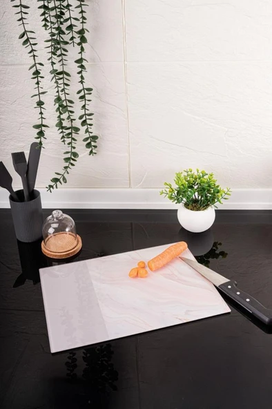 Flora Cam Kesme Tahtası, Temperli Isıya Kırılmaya Dayanıklı Kesim Panosu 25x35 cm VİZON MERMER DESEN ürün görseli 1