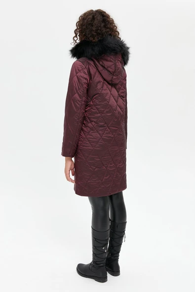Desen Kapüşonlu Midi Oversize Kaban - Kışlık - Resim 11