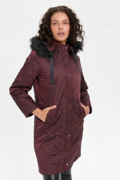 Desen Kapüşonlu Midi Oversize Kaban - Kışlık - Resim 6