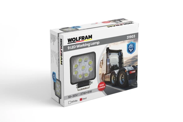 wolfram Led Kare Çalışma Lambası 9 Led Beyaz Işık + Kırmızı Stop Fonksiyonlu 10/30V E-Belgeli 27+6W ürün görseli 1