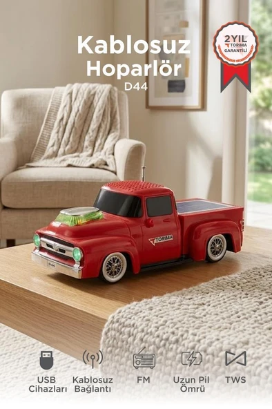 Bluetooth Hoparlör Güneş Enerjili Kamyon Tasarımlı FM USB TF Speaker D44 Kırmızı ürün görseli 1