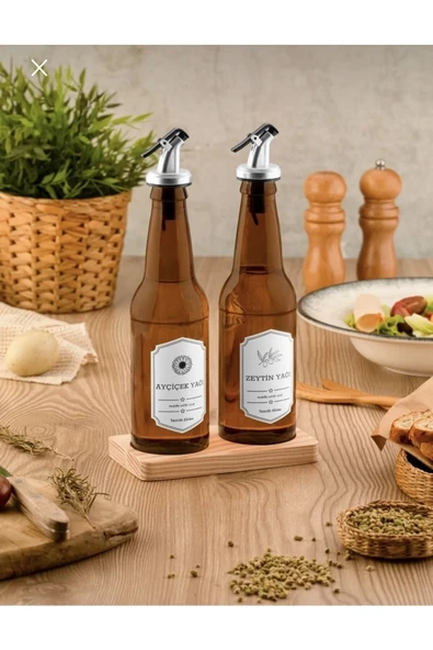 hasırevim ahşap standlı yağlık - 2 li pratik kapaklı yağlık 350 ml. ürün görseli 1