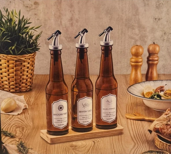 hasırevim ahşap standlı yağlık - 3 lü pratik kapaklı yağlık - sirkelik 350 ml. ürün görseli 1