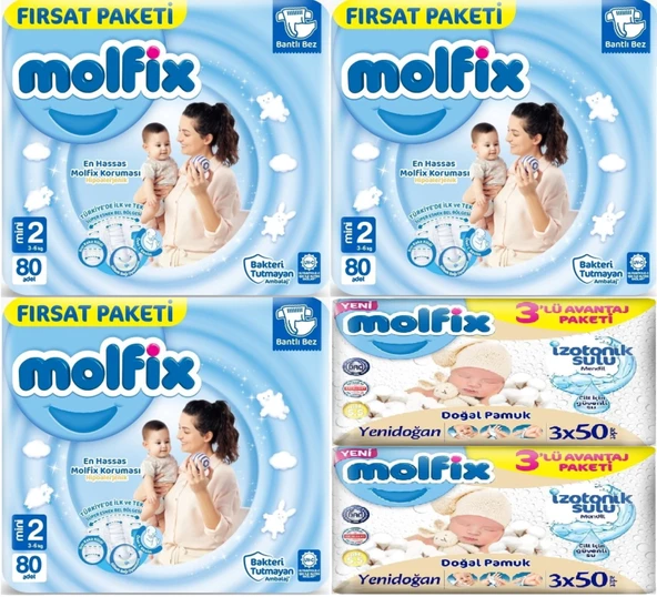 Molfix Bebek Bezi 2 Beden 3-6 KG Mini 240 Adet Aylık Fırsat Pk + 6 Adet Islak Mendil ürün görseli 1